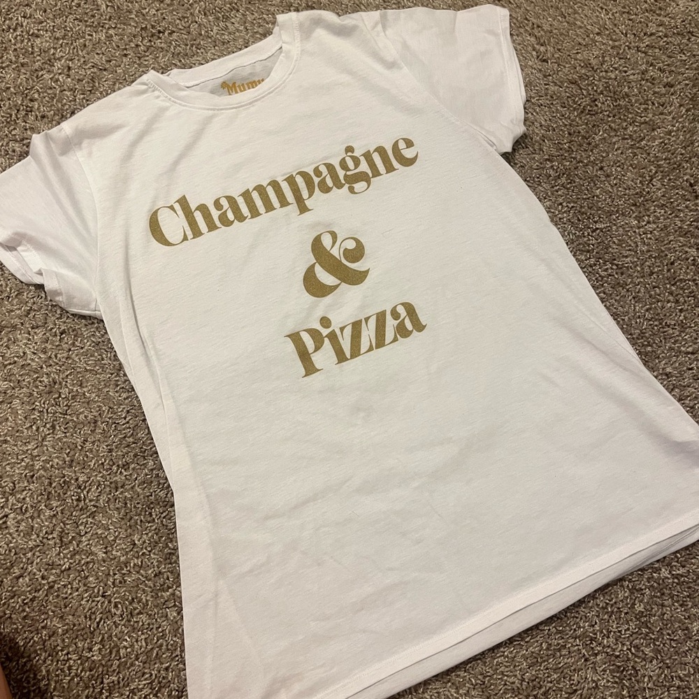 Show me your mumu White 🍾 & 🍕 tee with Gold Text